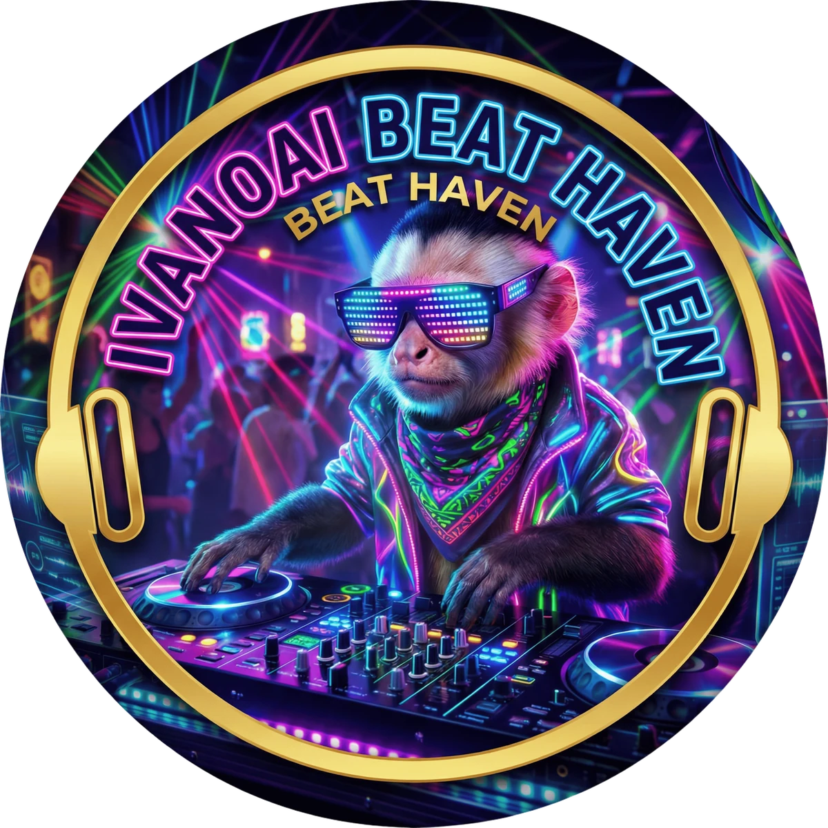 IVANOAI BEAT HAVEN — DJ monkey neon logo